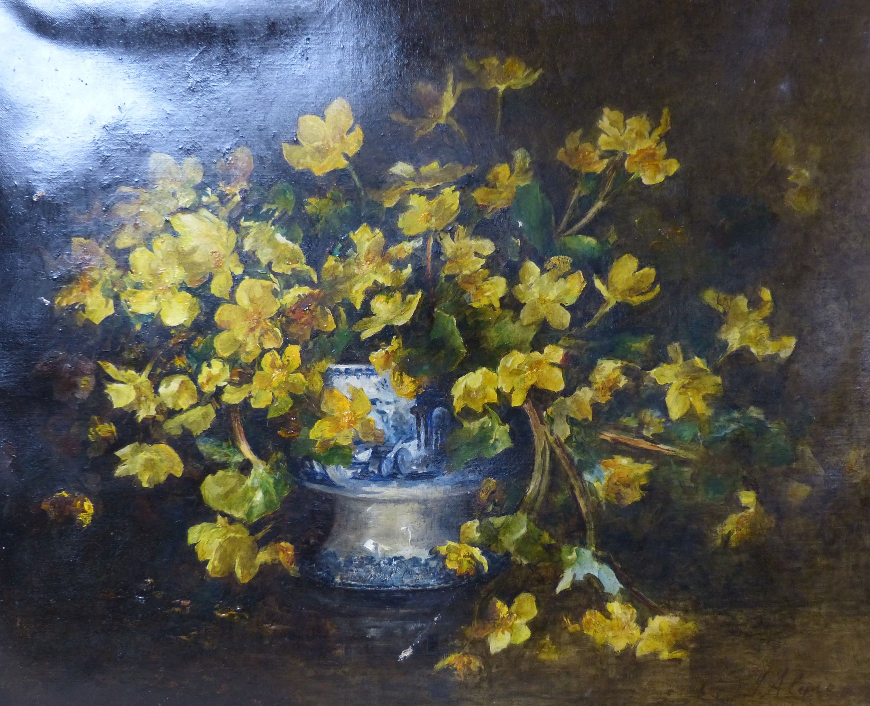 J.A. .... , oil on canvas, Still life of daffodils in a vase, signed, 46 x 56cm, unframed